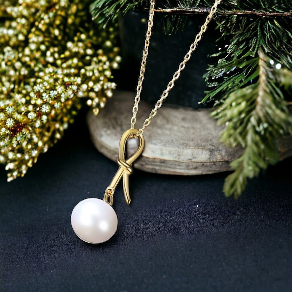 NEW 18K karat yellow gold plated bow knot freshwater pearl necklace jewelry B16A